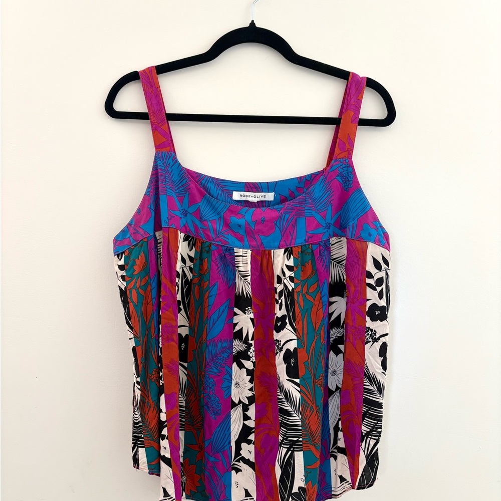 Blue and Fuscia Floral Stripe Tank Top